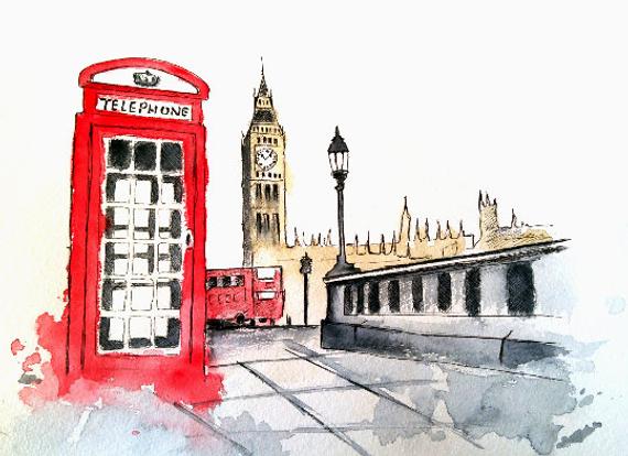 570x414 Big Ben Art Original Watercolor London Illustration Etsy - Big Ben Watercolor
