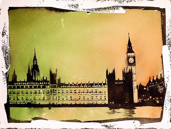 550x416 Big Ben Watercolor Painting London, England Posters By Rfoxphoto - Big Ben Watercolor