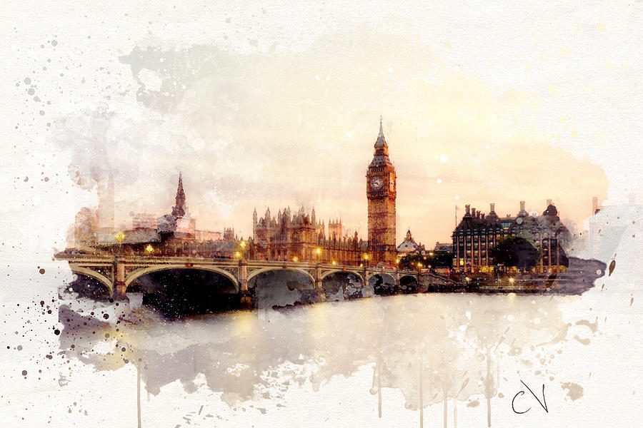 900x600 England London Big Ben Watercolor Digital Art By Carlos V - Big Ben Watercolor