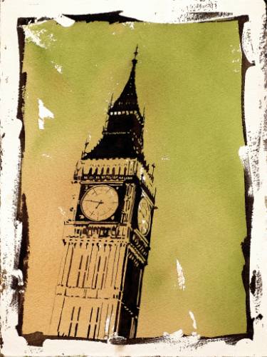 375x500 Fine Art Watercolor Painting W Faux Photo Borders Of Big Ben - Big Ben Watercolor