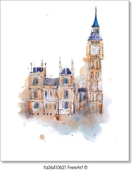 450x580 Free Art Print Of Watercolor Drawing Westminster Palace In London - Big Ben Watercolor
