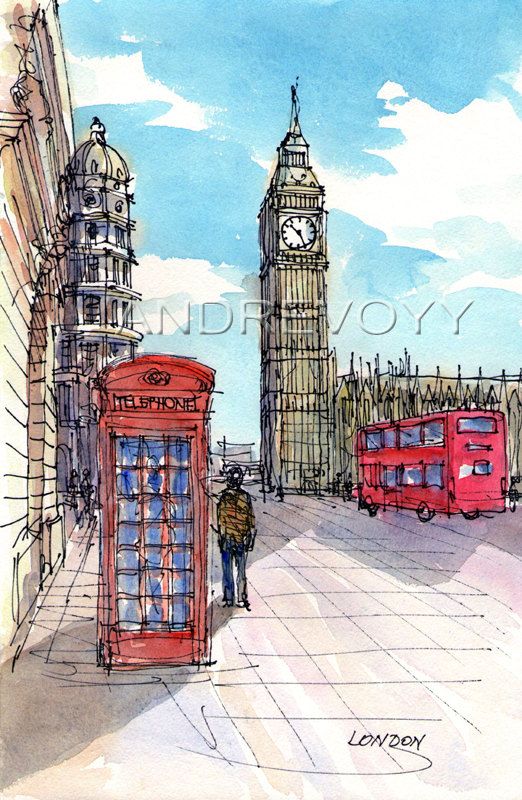 522x800 London Bridge Street Big Ben Art Print From An Original Watercolor - Big Ben Watercolor