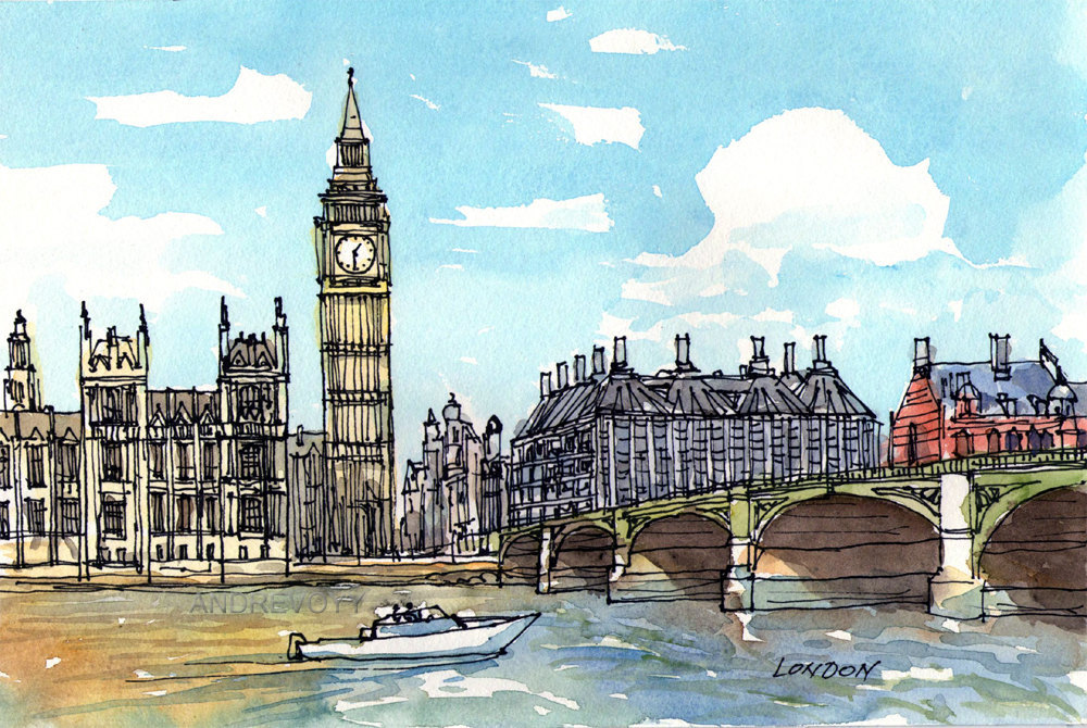 1000x670 London Westminster Bridge Big Ben Art Print From An Original Etsy - Big Ben Watercolor