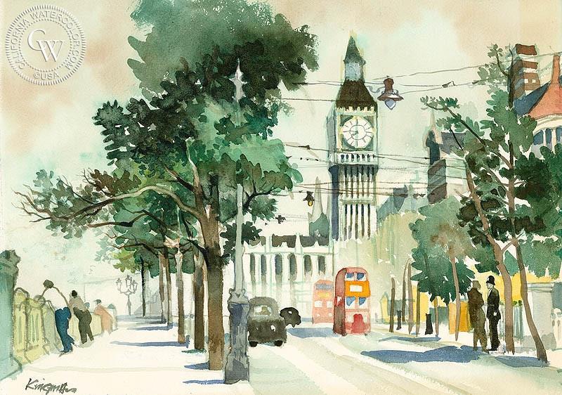 800x562 Thames Embankment With Big Ben, London, C. 1965, Art By Dong - Big Ben Watercolor