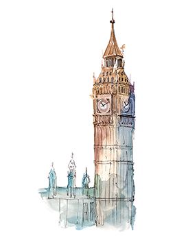 255x350 Watercolor Big Ben Temporary Tattoos Taintedtats - Big Ben Watercolor