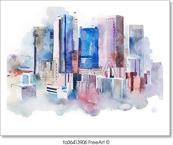 560x470 Free Art Print Of Watercolor Drawing Cityscape Big City Downtown - Big Watercolor