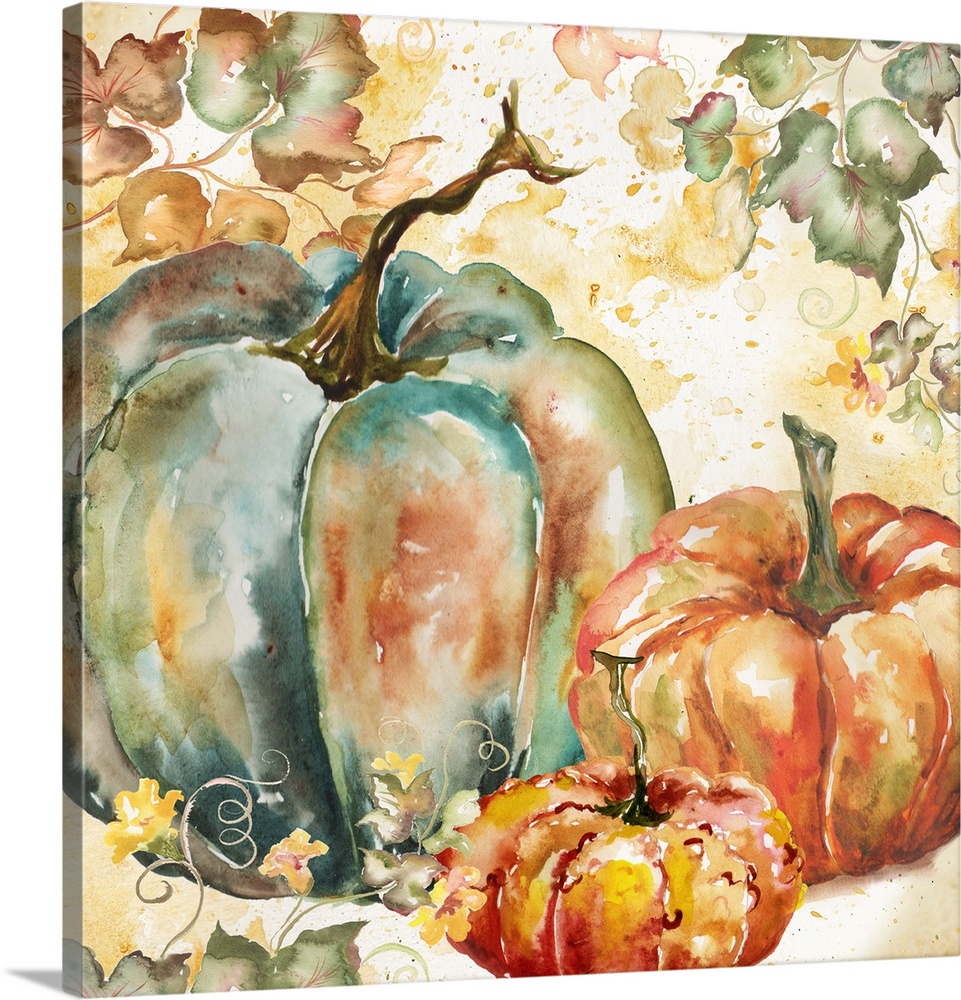 961x1000 Watercolor Harvest Teal And Orange Pumpkins I Wall Art, Canvas - Big Watercolor