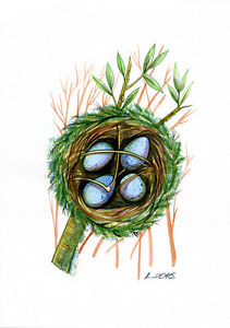 211x300 Scarlet Robin Nest, Eggs, Bird, Watercolor Original Painting Art - Bird Nest Watercolor
