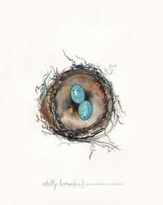 236x296 Watercolor Painting Bird Nest Print, Nest With 5 Blue Eggs, Nature - Bird Nest Watercolor