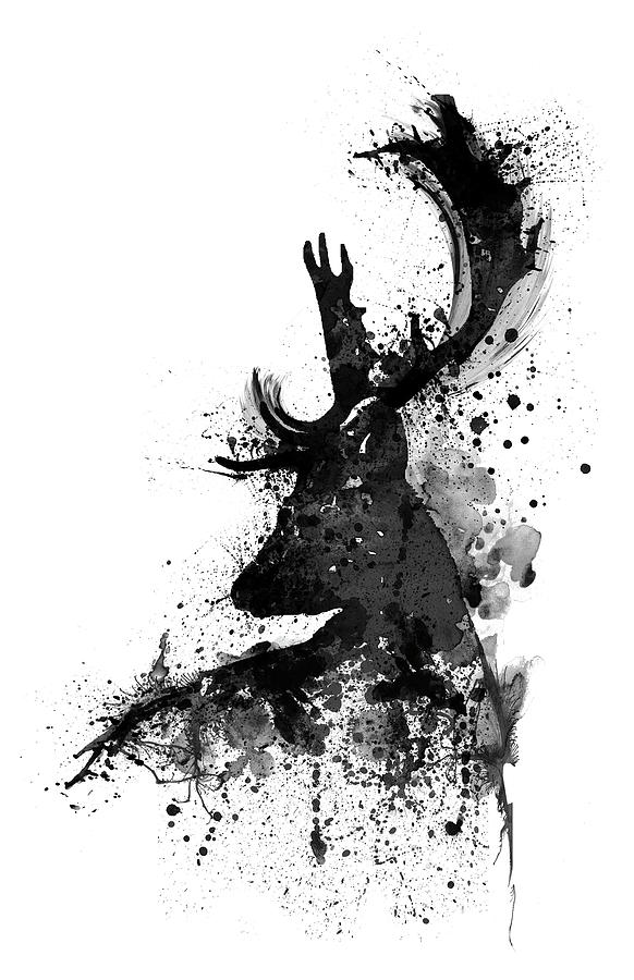 582x900 Black And White Deer Head Watercolor Silhouette Painting By Marian - Black And White Watercolor