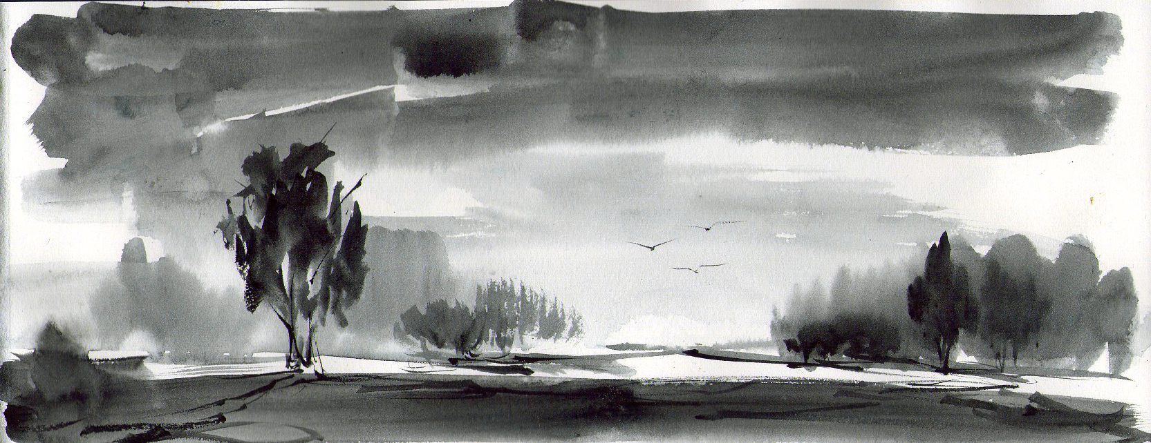 1665x642 Watercolour Painting Black And White Mood Liliya Datsyuk - Black And White Watercolor