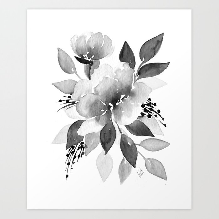 700x700 Black And White Watercolor Flowers Art Print By Katrinacrouch - Black And White Watercolor
