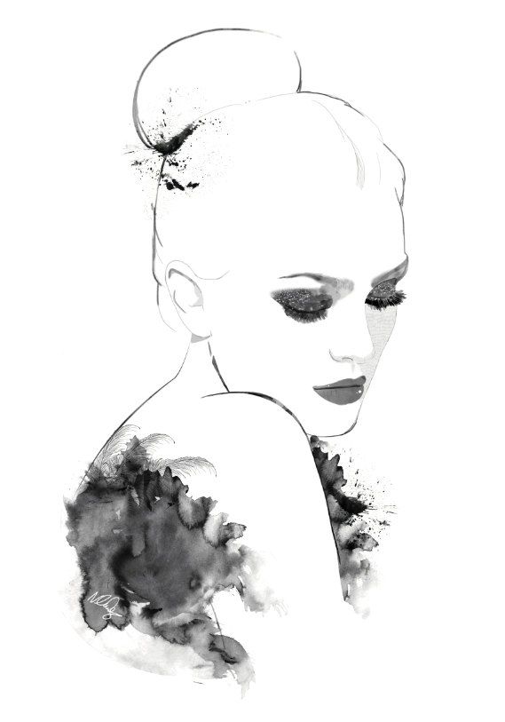 569x813 Black And White Watercolor Portrait By Natalie Lines. Art - Black And White Watercolor Portrait