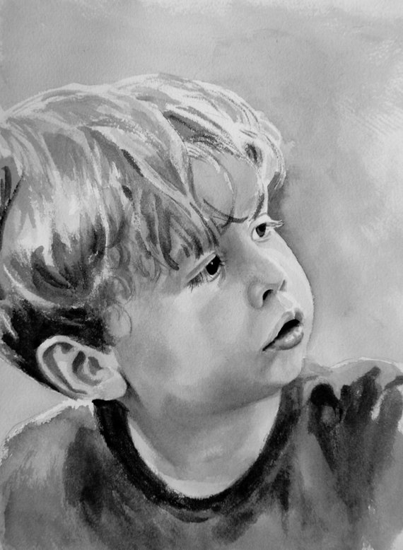 570x778 Custom Watercolor Portrait Single Subject Black And White Etsy - Black And White Watercolor Portrait
