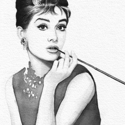 500x500 Audrey Hepburn Watercolor Portrait Wood Print - Black And White Watercolor Portrait