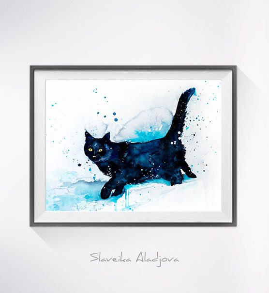 556x604 Black Cat Watercolor Painting Print - Black Cat Watercolor