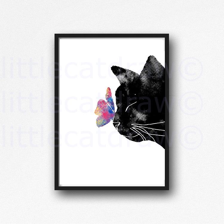750x750 Buy Black Cat With A Butterfly Watercolor Painting Print - Black Cat Watercolor