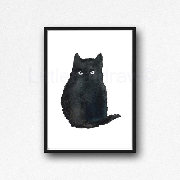 600x600 Buy Little Black Cat Watercolor Painting Print Watercolour Wall - Black Cat Watercolor