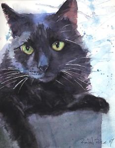 233x300 Giclee Print Black Cat Art Watercolor Painting Splash Pet Portrait - Black Cat Watercolor
