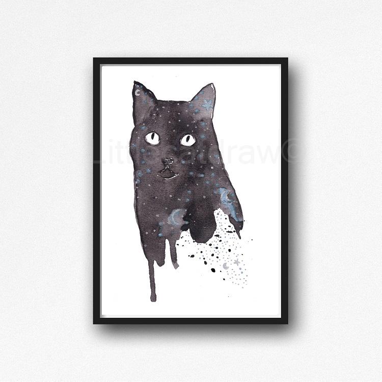 750x750 Buy Black Cat The Stars And The Moon Watercolor Painting Print - Black Cat Watercolor Paintings