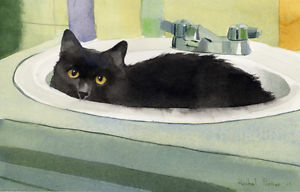 300x192 Giclee Print Black Cat Watercolor Painting Art Sink Pet Portrait - Black Cat Watercolor Paintings