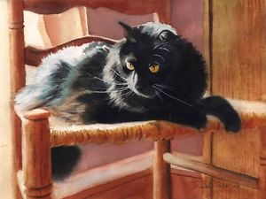 300x225 Giclee Print Of My Watercolor Painting Black Cat Art Throne Pet - Black Cat Watercolor Paintings