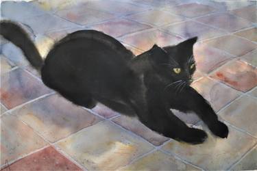 375x250 Black Cat On The Tile Floor Painting By Alexander Vinogradov - Black Cat Watercolor Paintings