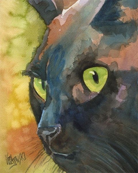 480x600 Black Cat Art Print Of Original Watercolor By Dogartstudio On Etsy - Black Cat Watercolor Paintings
