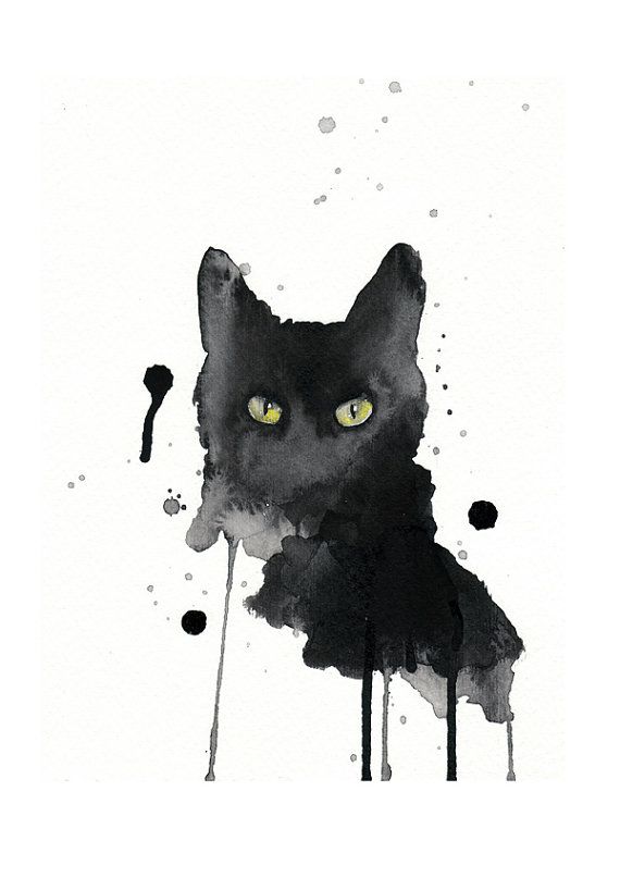 570x807 Black Cat Watercolor Painting Print A4 Art - Black Cat Watercolor Paintings