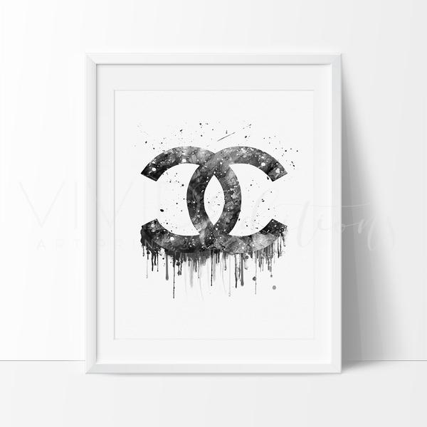 600x600 Exclusive Chanel Monogram Logo Modern Fashion Art Print - Black Watercolor Art