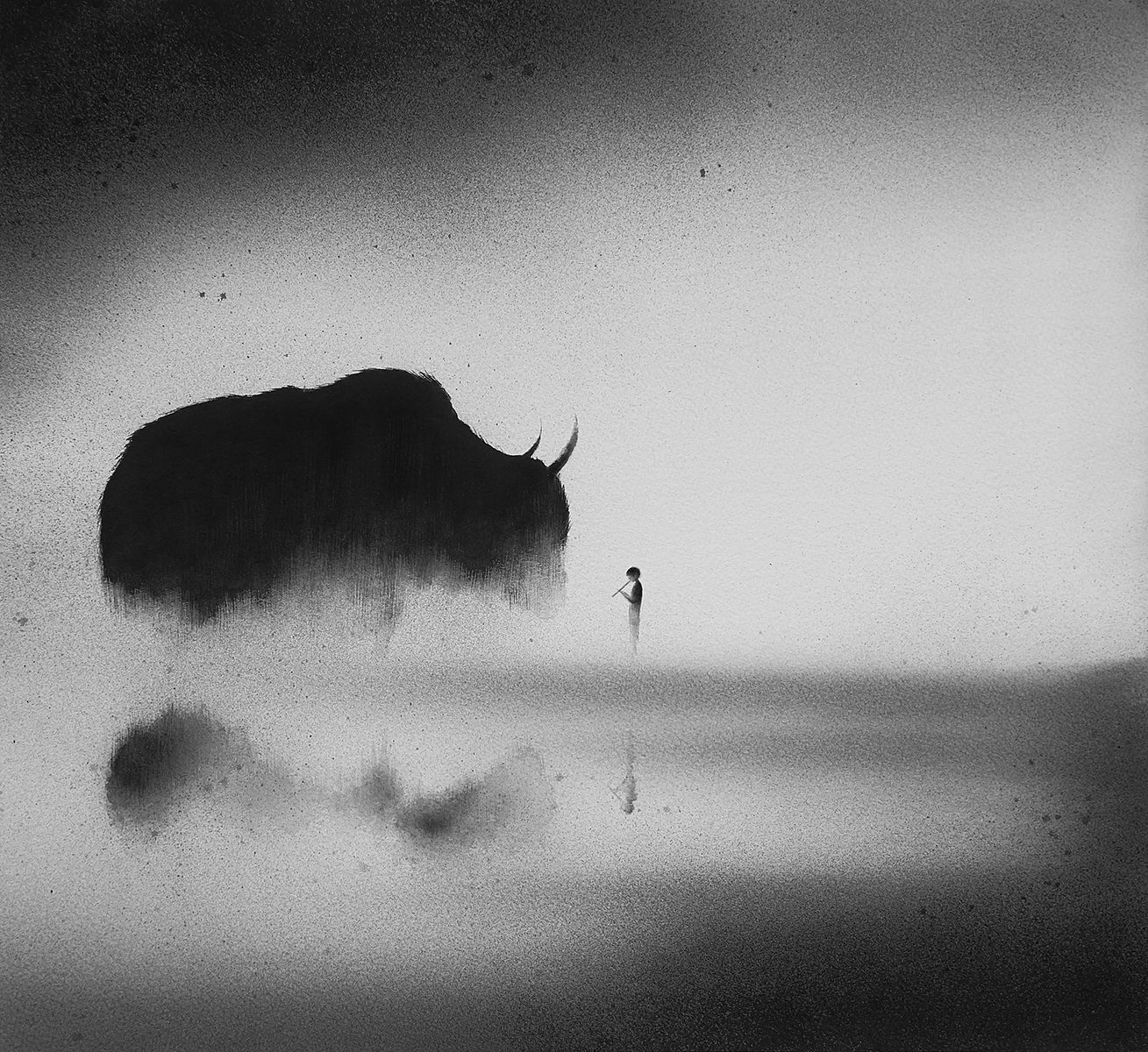 1309x1200 Hazy Black Watercolor Paintings Of Children With Animals - Black Watercolor Painting