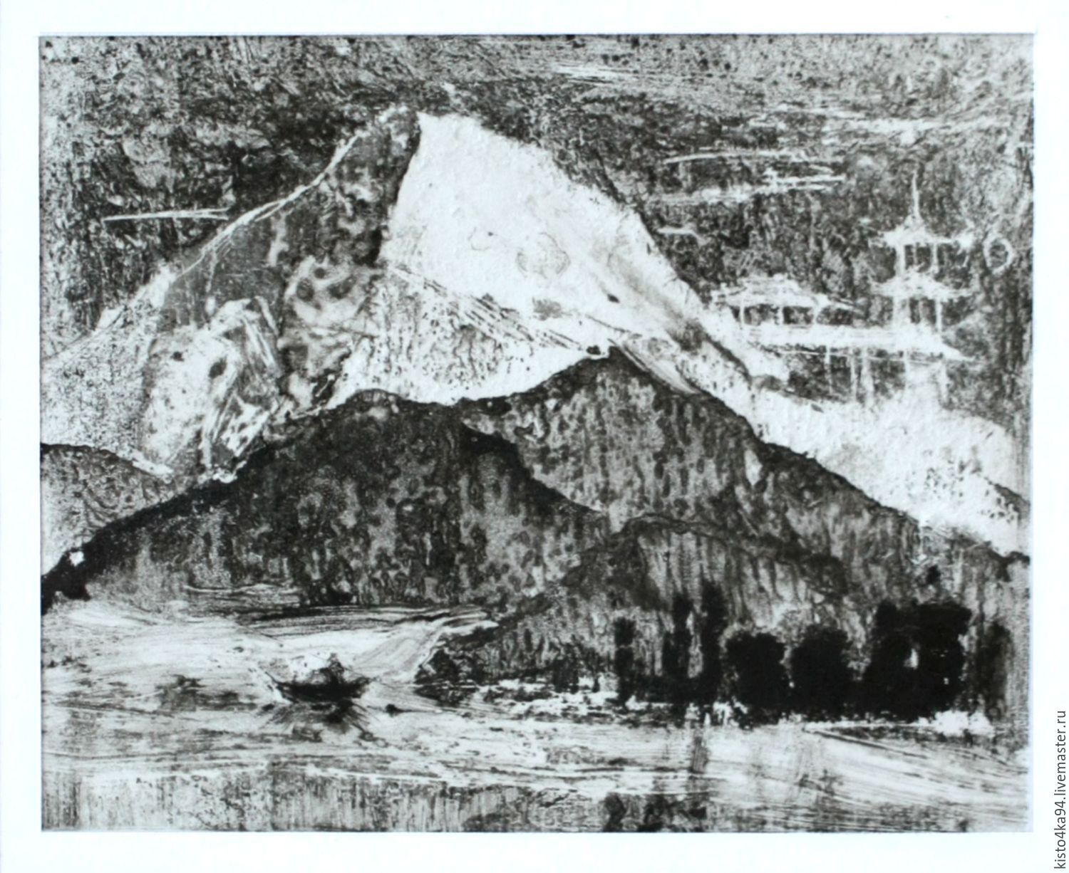 1500x1226 Painting Japanese Landscape Monotype Black And White Landscape - Black Watercolor Painting