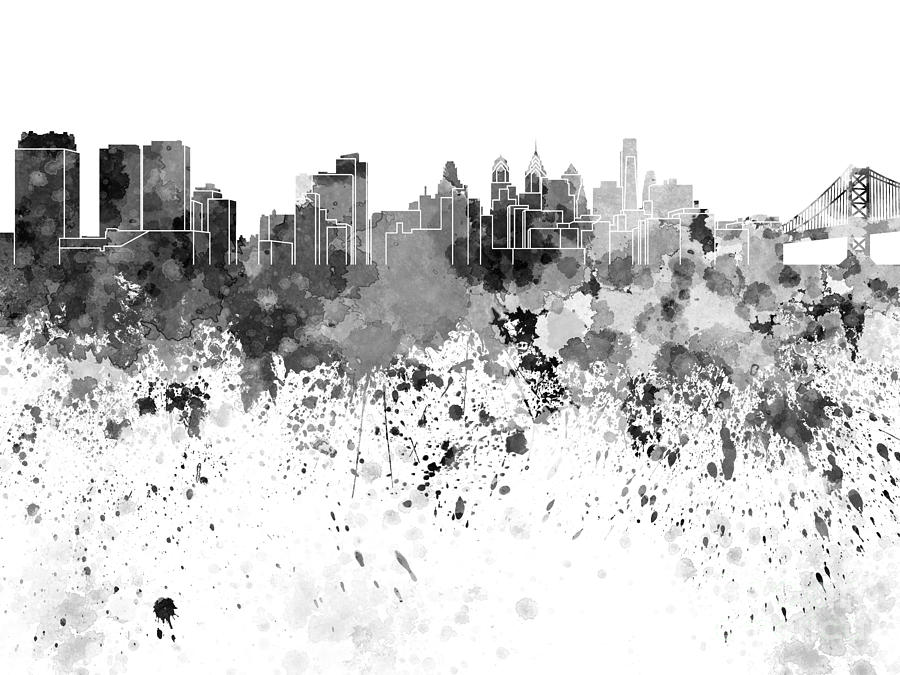 900x675 Philadelphia Skyline In Black Watercolor On White Background - Black Watercolor Painting