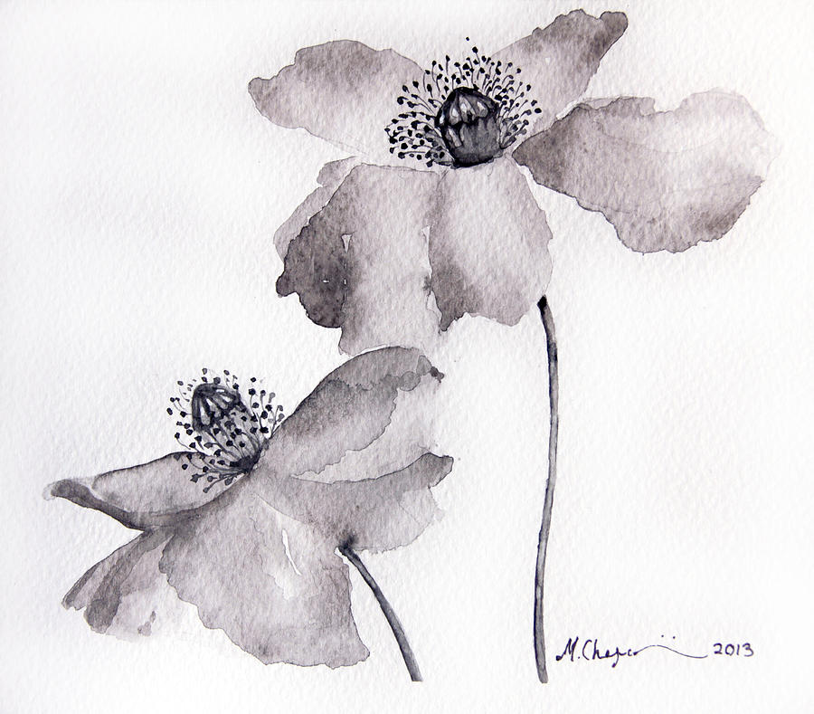 900x789 Poppy Flower In Black Painting By Mahsa Watercolor Artist - Black Watercolor Painting