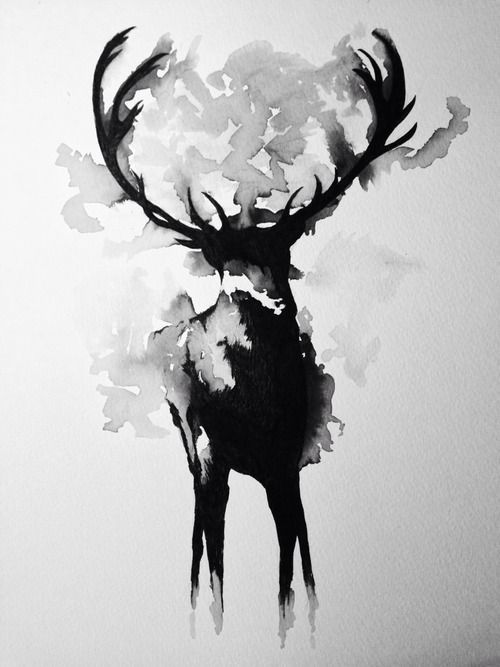 500x667 Deer Watercolor Painting Black Amp White - Black Watercolor Painting