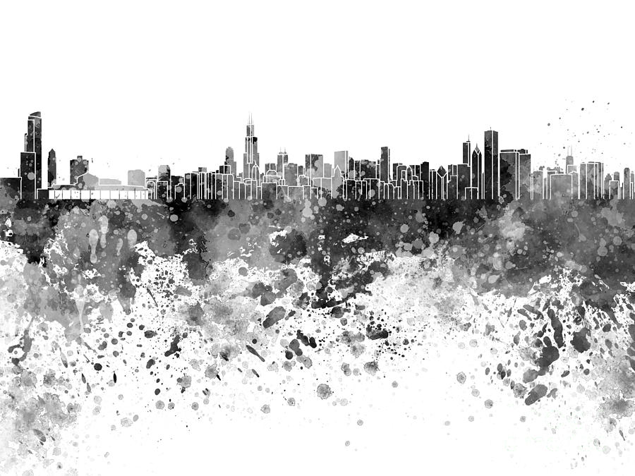 900x675 Chicago Skyline In Black Watercolor On White Background Painting - Black White Watercolor