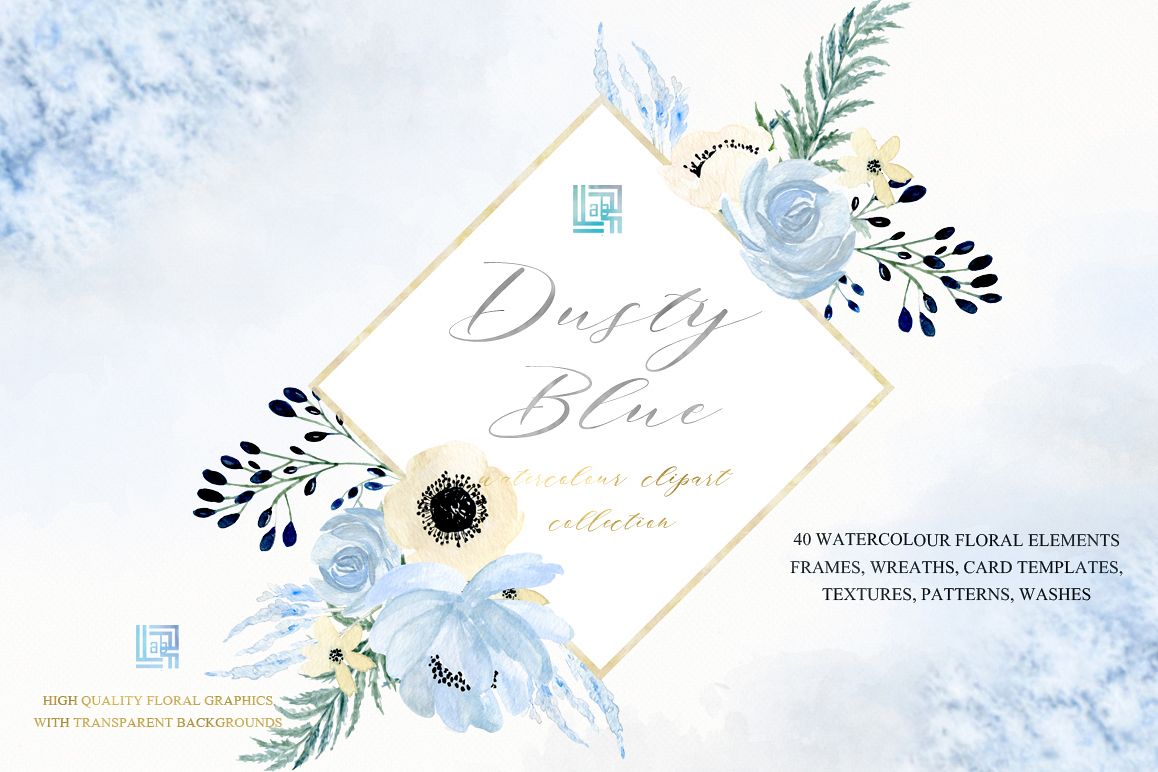 1158x772 Dusty Blue And Gold Watercolour Flowers Digital Clipart Hand Drawn - Blue And Gold Watercolor