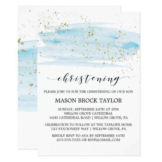 540x540 Watercolor Blue Amp Gold Sparkle Christening Invitation - Blue And Gold Watercolor