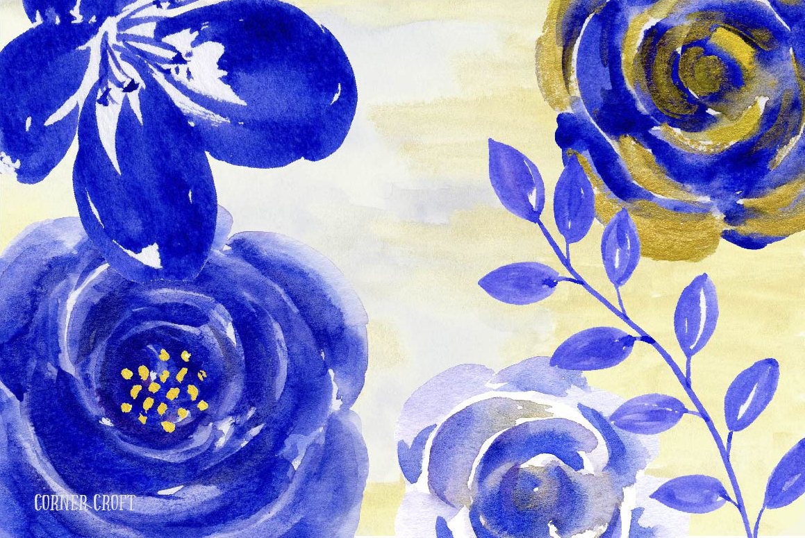 1159x775 Blue Gold Clipart, Watercolor Clipart Blue And Gold Roses, Flowers - Blue And Gold Watercolor