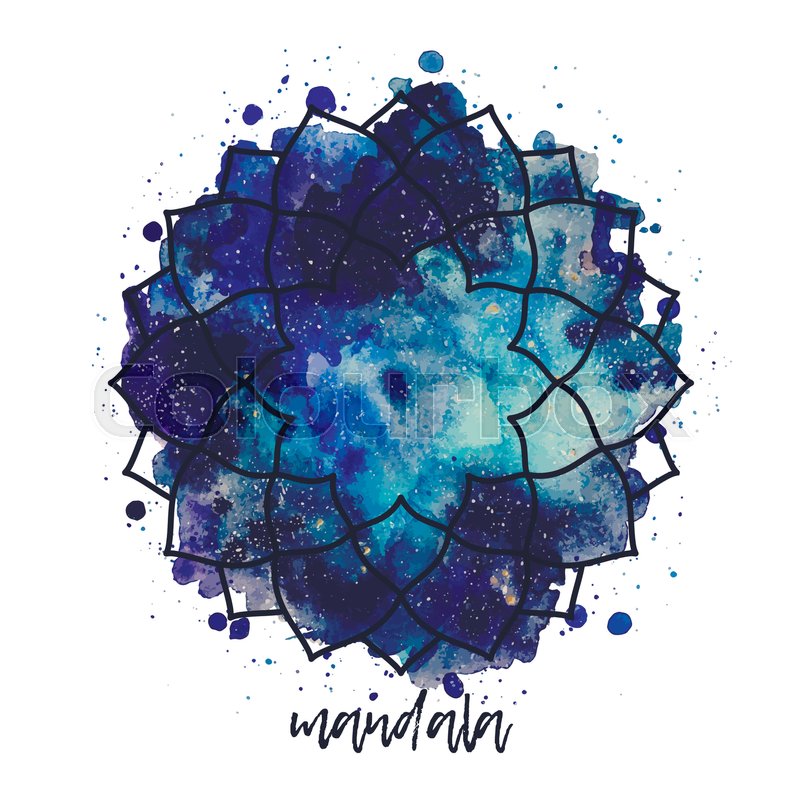 800x800 Geometric Mandala Flower Frame. Watercolor Texture And Splash - Blue And Purple Watercolor