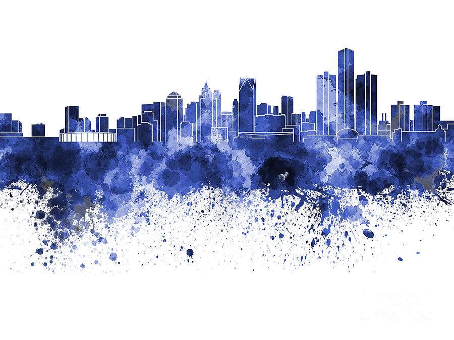 900x675 Detroit Skyline In Blue Watercolor On White Background Painting By - Blue And White Watercolor