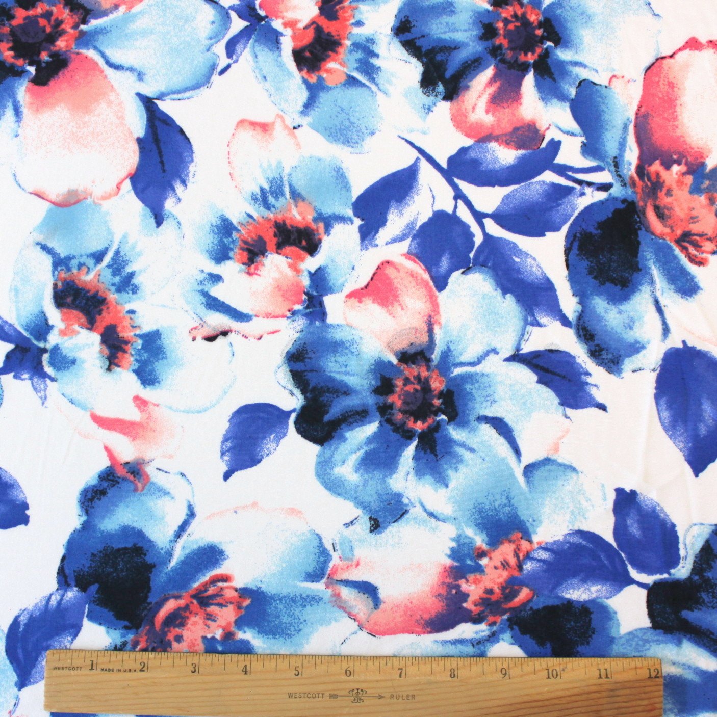 1406x1407 Royal Blue Coral And White Large Watercolor Floral Double Brushed Poly - Blue And White Watercolor