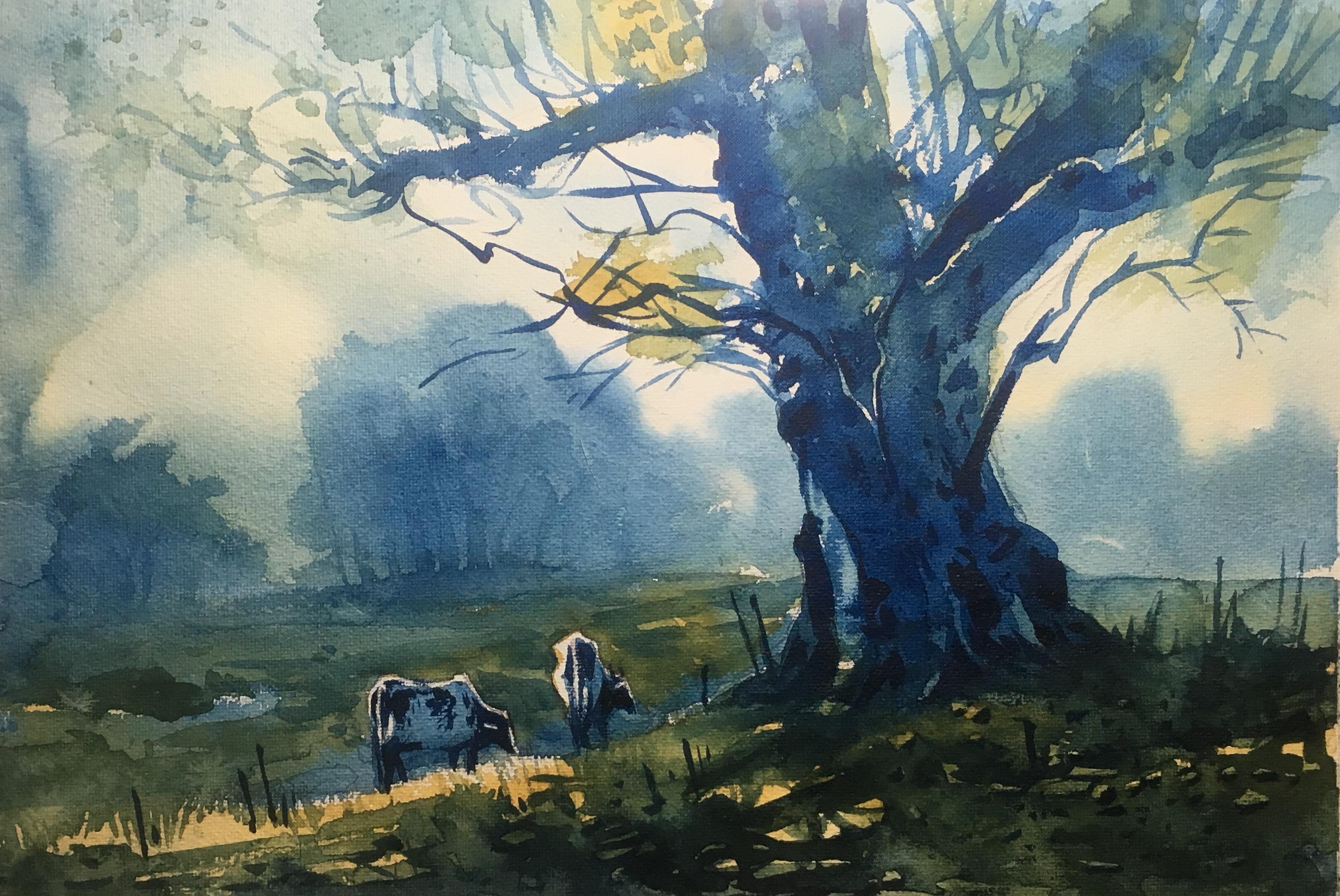 3580x2396 Landscape Only In Two Color, Prussian Blue And Yellow Ochre - Blue And Yellow Watercolor