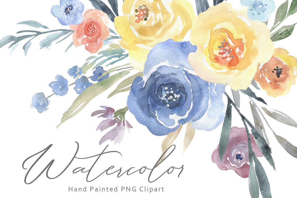1158x772 Watercolor Blue Yellow Flowers Bouquets Png - Blue And Yellow Watercolor