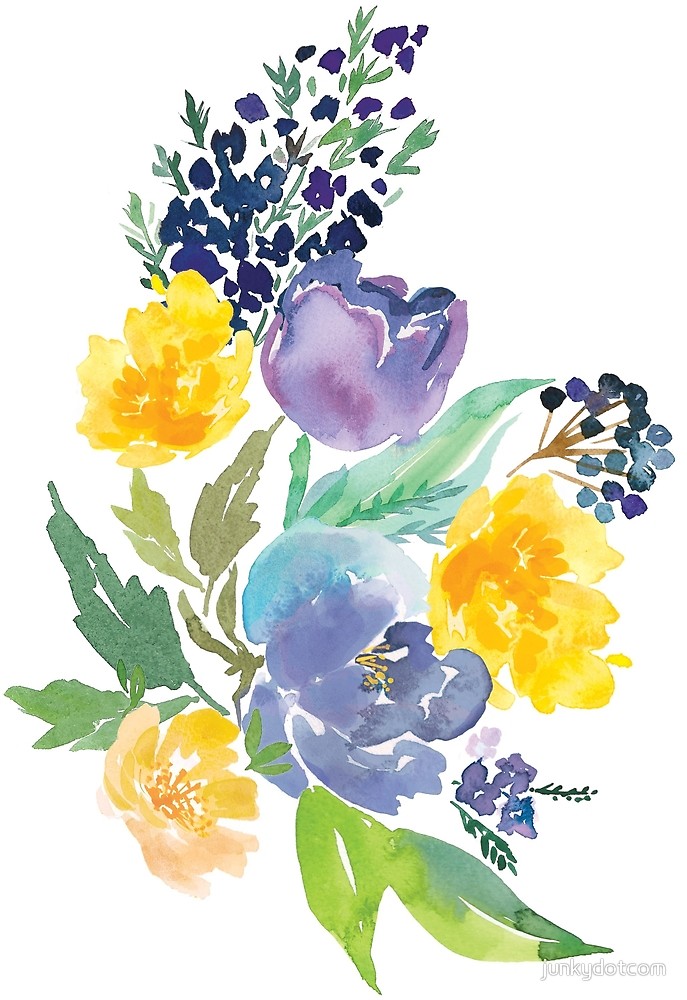 687x1000 Watercolor Flowers Blue Yellow By Junkydotcom Redbubble - Blue And Yellow Watercolor