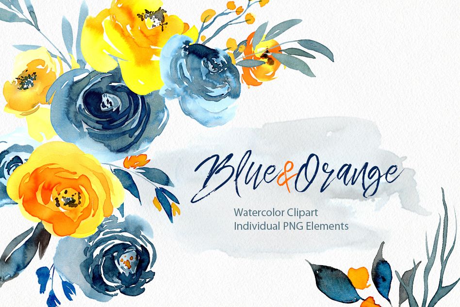 948x632 Watercolor Blue Orange Yellow Flowers Png - Blue And Yellow Watercolor