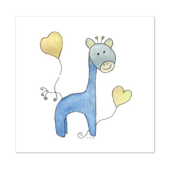 570x572 Giraffe Nursery Art, Original Watercolor Painting, Baby Boy, Blue - Blue Giraffe Watercolor