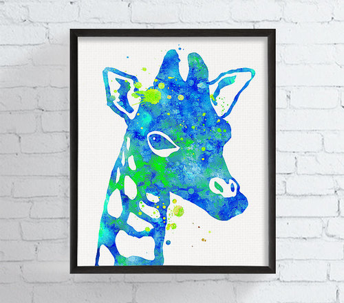 500x441 Giraffe Print, Giraffe Art, Watercolor Giraffe, Giraffe Painting - Blue Giraffe Watercolor