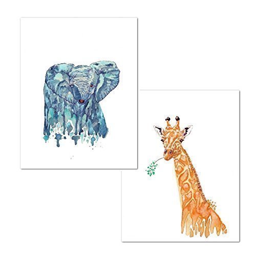 500x500 Blue Elephant And Orange Giraffe Watercolor Art Prints - Blue Giraffe Watercolor