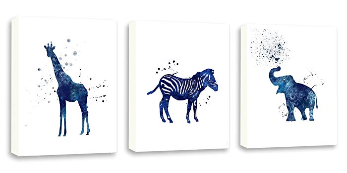 700x350 Navy Blue Safari Animals, Elephant Art, Giraffe, Zebra - Blue Giraffe Watercolor